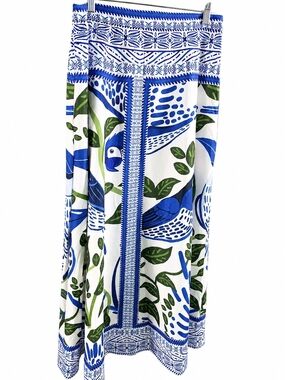 Vintage Blue White Green Parrot Print Maxi Skirt